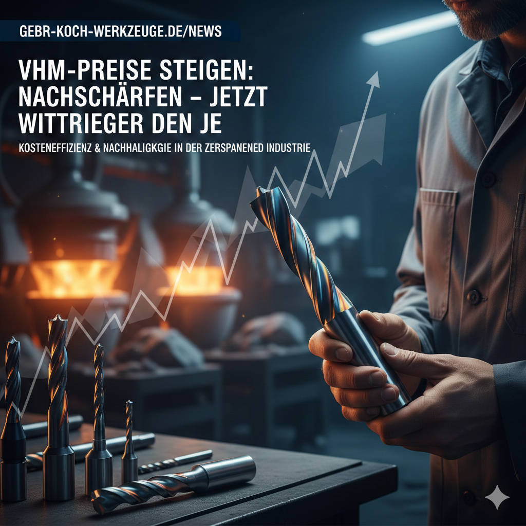 Nahaufnahme eines VHM-Schaftfräsers in einer Hand vor dem Hintergrund einer industriellen Fertigung mit einer aufsteigenden Kursgrafik zur Verdeutlichung steigender Hartmetallpreise.
